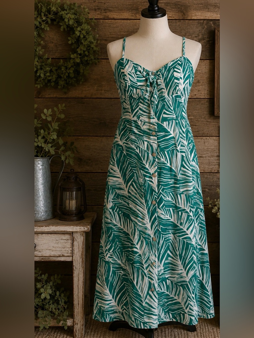 Green Palm-Print Button-Front Maxi Dress